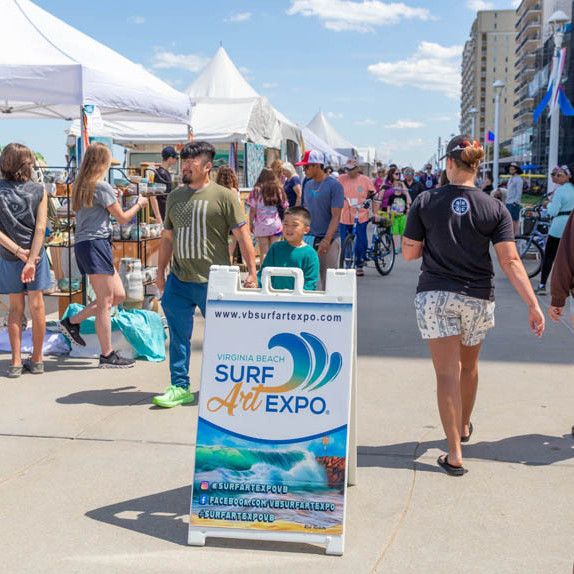 VB SAE Pics 2025.A Frame Sign and Boardwalk Crowd VB Surf Art Expo in Virginia Beach